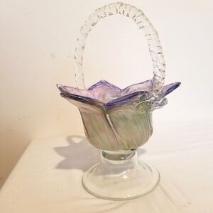 Vintage Venetian Hand Blown Glass Tulip Candy Dish Basket Swirl Design